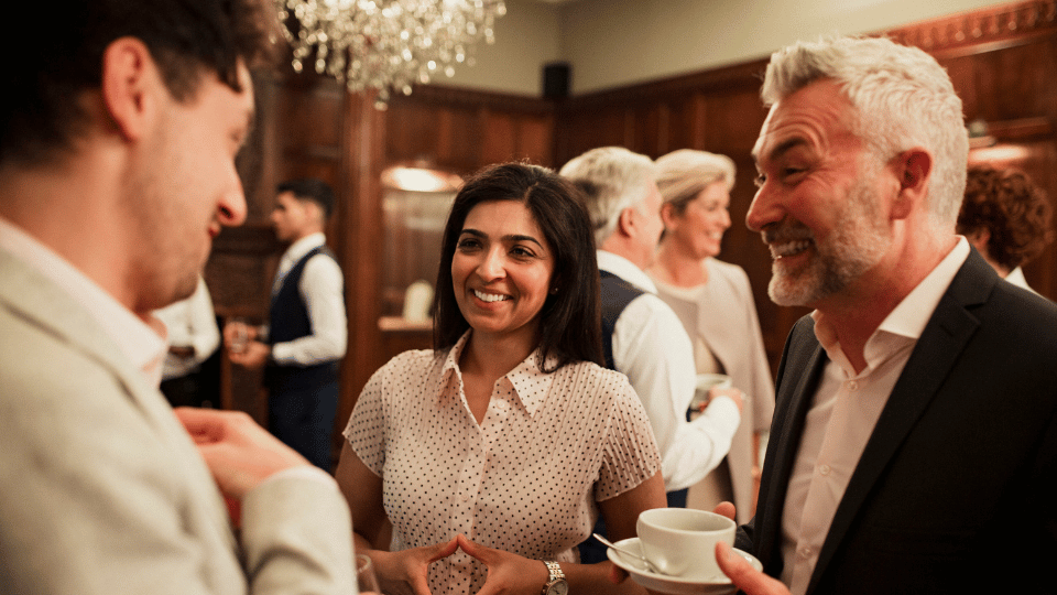 Business professionals at a networking event, smiling and engaging in conversation. The image symbolizes the importance of building relationships and creating strategic partnerships to grow a business.